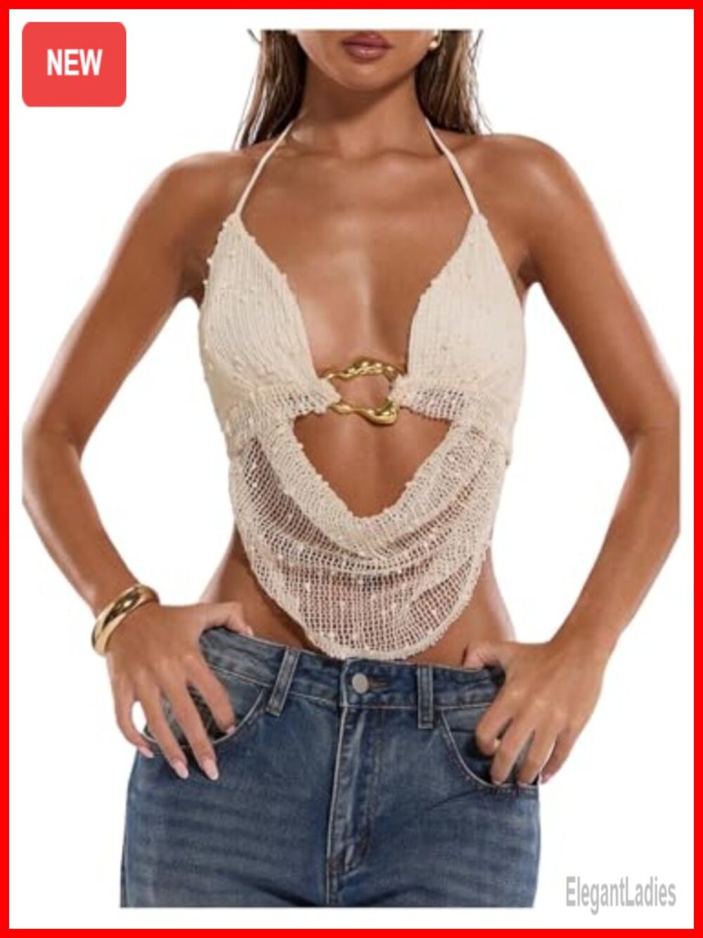 Y2K Halter Open Back Tank Top Beaded Backless Draped Front